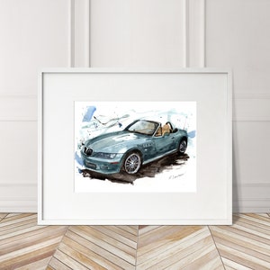 Stampa BMW Z3 dipinta a mano. Poster BMW Z3 unico. Decorazione murale automobilistica in edizione limitata.