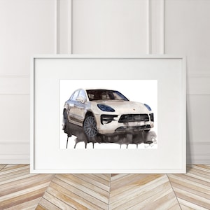 Stampa Porsche Macan dipinta a mano. Poster Porsche Macan unico. Decorazione murale automobilistica in edizione limitata.