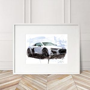 Stampa Audi R8 dipinta a mano. Poster Audi R8 unico. Decorazione murale automobilistica in edizione limitata.