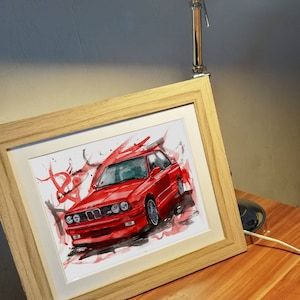 Stampa BMW M3 dipinta a mano. Poster BMW M3 unico. Decorazione murale automobilistica in edizione limitata.