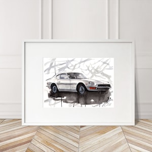 Stampa Datsun 240z dipinta a mano. Poster esclusivo della Datsun 240z. Decorazione murale automobilistica in edizione limitata.