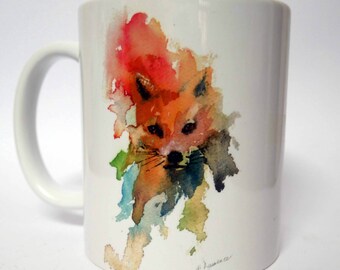 A "Fox" 11oz Mug from watercolour painting    xmas gift coffee cup white china