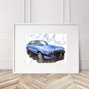 Stampa Ford Capri Mk3 dipinta a mano. Poster esclusivo della Capri Mk3. Decorazione murale automobilistica in edizione limitata.