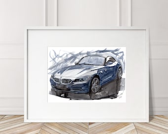 May include: A watercolor painting of a blue BMW Z4 roadster. The car is depicted in a stylized manner with a white background and gray brushstrokes.