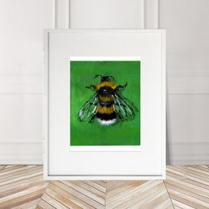 May include: A painting of a bumblebee with black and yellow stripes on a green background.