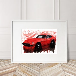 Stampa Datsun 240z dipinta a mano. Poster esclusivo della Datsun 240z. Decorazione murale automobilistica in edizione limitata.