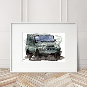 Stampa UAZ 469 Offroad dipinta a mano. Poster UAZ 469 unico. Decorazione murale automobilistica in edizione limitata.