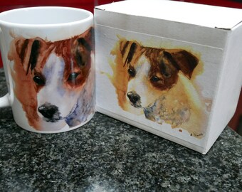 A Jack Russell 11oz Mug from watercolour painting    gift coffee cup white china