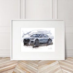Stampa Audi A7 Sportback dipinta a mano. Poster Audi A7 unico. Decorazione murale automobilistica in edizione limitata.