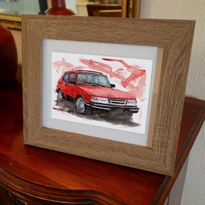 Stampa Saab 900 dipinta a mano. Poster Saab 900 unico. Decorazione murale automobilistica in edizione limitata.