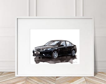 Stampa dipinta a mano di una Saab 9-3 Turbo X. Poster unico della Saab Turbo X. Opera d'arte murale a tema automobilistico in edizione limitata.