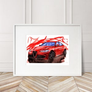 Alfa Romeo Giulia Quadrifoglio Print: Hand Painted Watercolor Car Poster