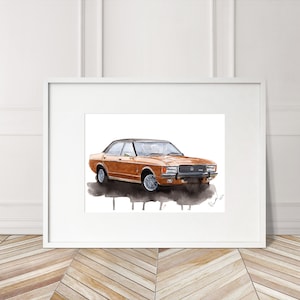 Stampa Ford Granada Mk 1 dipinta a mano. Poster esclusivo della Ford Granada. Decorazione murale automobilistica in edizione limitata.