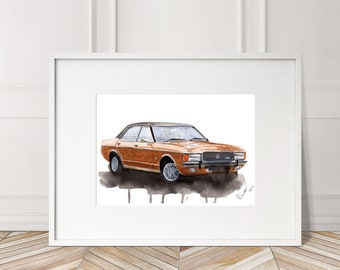 Impresión pintada a mano del Ford Granada Mk 1. Póster exclusivo del Ford Granada. Arte mural automovilístico de edición limitada.