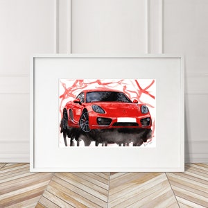 Stampa Porsche Cayman 981 dipinta a mano. Poster Cayman unico. Decorazione murale automobilistica in edizione limitata.