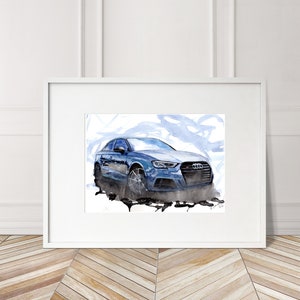May include: A watercolor painting of a blue Audi S3 sedan. The car is depicted in a dynamic pose, with the front end facing the viewer. The background is a light blue wash with abstract brushstrokes.