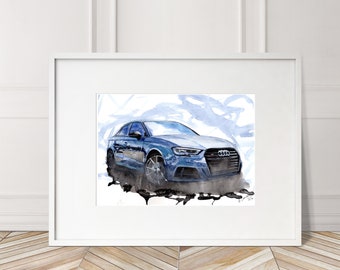 Impresión pintada a mano del Audi S3. Póster único del Audi S3. Arte mural automovilístico de edición limitada.