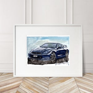 Stampa Nissan GTR dipinta a mano. Poster esclusivo di Nissan GTR. Decorazione murale automobilistica in edizione limitata.