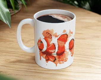 Clown Fish Ceramic Coffee Mug: Watercolor Ocean Art, 11oz