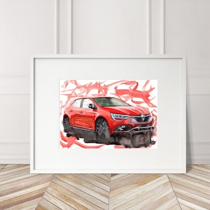 Stampa di un'auto Renault Megane RS300 dipinta a mano. Poster esclusivo della Renault Megane. Arte murale automobilistica in edizione limitata.