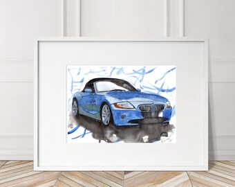 May include: A watercolor painting of a blue BMW Z4 convertible. The car is painted in a realistic style with a blue background and white accents. The car is facing the viewer and the headlights are visible.