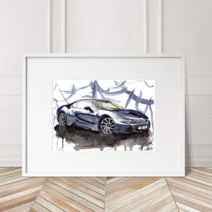 Stampa BMW i8 dipinta a mano. Poster BMW i8 unico. Decorazione murale automobilistica in edizione limitata.