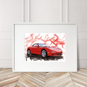 Stampa Mazda RX7 dipinta a mano. Poster unico della Mazda RX7. Decorazione murale automobilistica in edizione limitata.