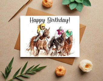 1 X Greeting Card & Sticker Set - Horse Racing Jockey Race