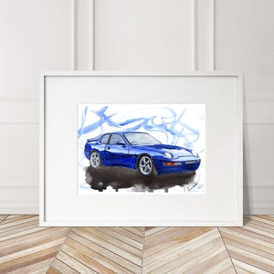 Stampa Porsche 968 dipinta a mano. Poster Porsche 968 unico. Decorazione murale automobilistica in edizione limitata.