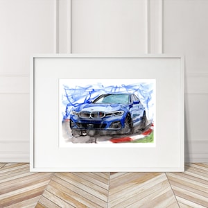 Stampa sportiva BMW 330i M3 dipinta a mano. Poster BMW M3 unico. Decorazione murale automobilistica in edizione limitata.
