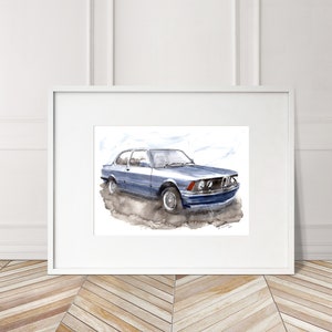 Stampa BMW E21 Serie 3 dipinta a mano. Poster esclusivo della BMW Serie 3. Decorazione murale automobilistica in edizione limitata.