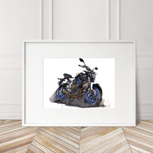 May include: Watercolor painting of a black motorcycle with blue wheels. The motorcycle is depicted in a realistic style with details like the exhaust pipe and the front suspension.