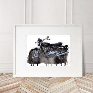 May include: A watercolour painting of a black Norton Commando motorcycle with chrome accents. The motorcycle is depicted on a white background with a watercolour wash of grey and black.