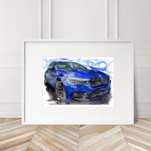 Stampa dipinta a mano della BMW M5 F90 Competition. Poster esclusivo della BMW M5. Decorazione murale automobilistica in edizione limitata.