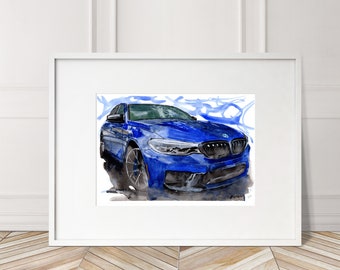 May include: A watercolor painting of a blue BMW M5 car. The car is facing the viewer and the front grill and headlights are visible. The background is a blue and white watercolor wash.
