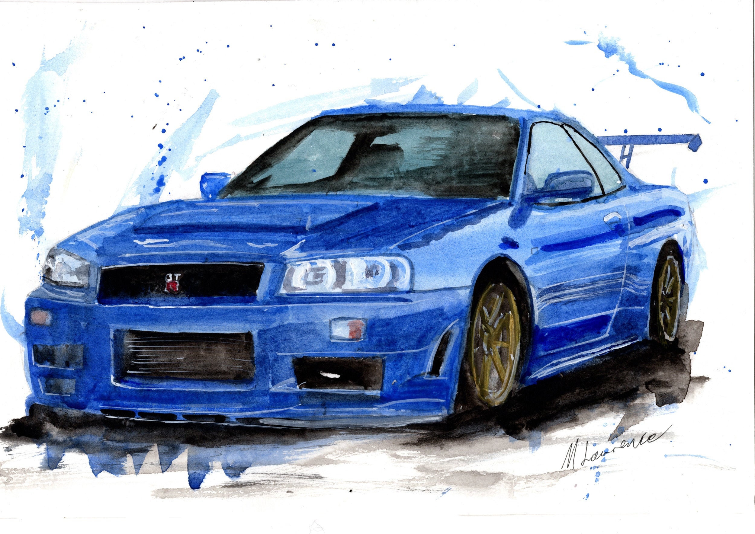 スカイラインGTR R34 part１「R34と富士山」水彩画 スカイラインGTR R34 part1「R34と富士山」水彩画