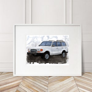 Stampa dipinta a mano della Toyota Land Cruiser FJ80. Poster unico della Land Cruiser. Decorazione murale automobilistica in edizione limitata.