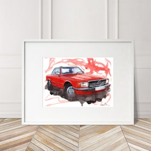 Stampa Mercedes SL dipinta a mano. Poster Mercedes SL unico. Decorazione murale automobilistica in edizione limitata.