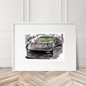 Stampa Porsche Panamera dipinta a mano. Poster Panamera unico. Decorazione murale automobilistica in edizione limitata.