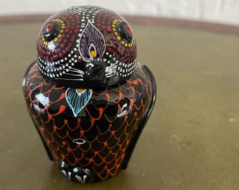 Wooden owl Lacquer - lacquered wood and hand-painted box with lid - Vintage owl approx. 6 cm Trinket box handpainted lacquer wood