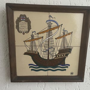 Guillot & Cie Tableau 4 tiles for the 50th anniversary of Hemixem ceramics Belgium, 1898-1948. In good condition. Historic sailing ship.