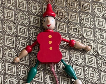 Movable wooden Pinocchio Pull puppet Jumping Jack 15 cm 6 inch Also nice as Christmas tree decoration. Original Italian with yellow buttons. Vintage