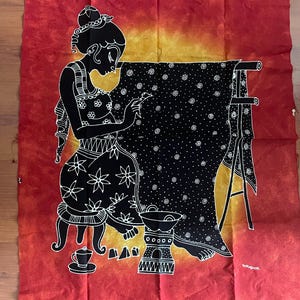 Pintura em batik de 90x70cm (36x28") da Indonésia - sem moldura. Retrato de mulher em batik. Yogyakarta, Java. NOVA e assinada.