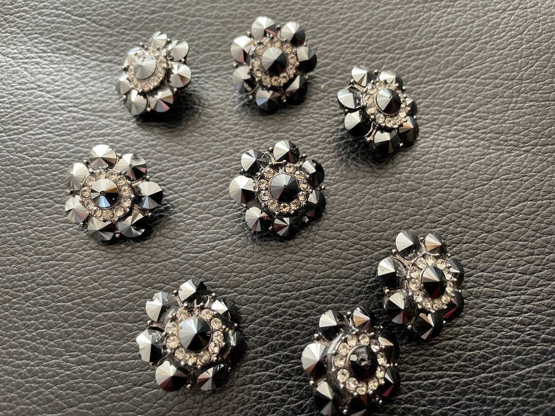 8 Metal Buttons With Rhinestones - Glittering, Silver Metal, Vintage - Etsy