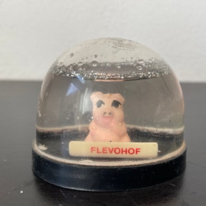 May include: A clear glass snow globe with a pink pig figurine inside. The base of the snow globe is black and has a white label with the text "FLEVOHOF" in red letters.