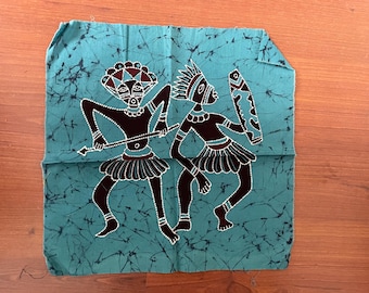 33x30cm batik schilderij Indonesië - batik doek niet ingelijst. 2 krijgers - turquoise groen  Yogjakarta Java NIEUW gesigneerd