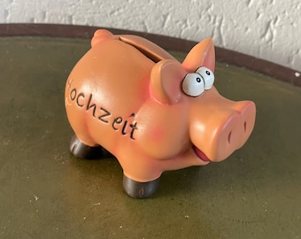Vintage deutsche Hochzeits-Spardose in Schweinchenform, 10 x 8 cm (4 x 3 Zoll). Mit Gummistopfen. Tadelloser Zustand. Keramik.