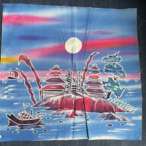 Tableau batik 30x31cm Indonésie - toile batik non encadrée. Village de Bali avec temples. Yogjakarta Java NOUVEAU signé