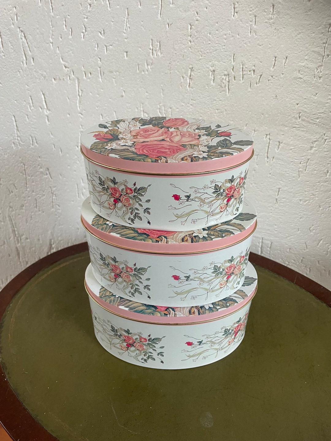 Set of 3 Oval Tins With Rose Decor Unused in Good Etsy