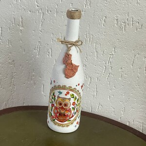 Scandinavian Boho style bottle with decoration owls - owl - see photos. Glass bottle approx. 29 cm high. Handmade